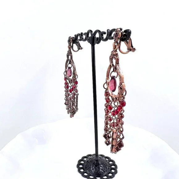 🎊HP🎊 NWOT - Dark Red Beaded Chandelier Style Copper Tone Clip-On 2.5” Earrings - Picture 2 of 6